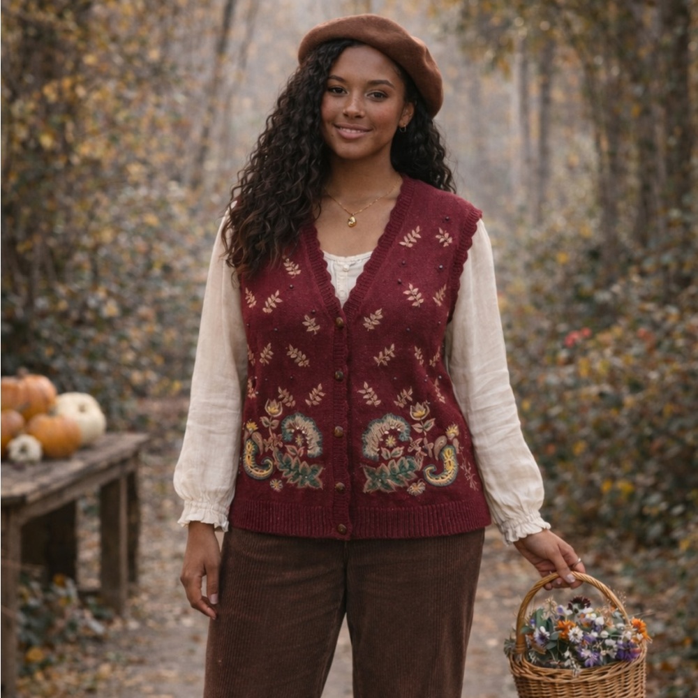 Koret Fall 3D Knit Paisley Button Up Sweater Vest Sz M Cottagecore Grandmacore